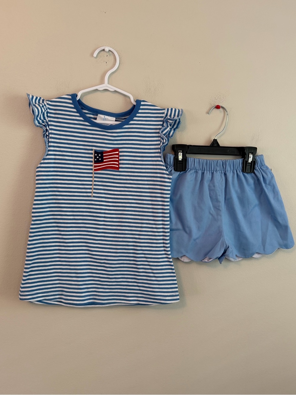Little English Girls Blue Stripe Flag Tank Top & Light Blue Scalloped Shorts Set